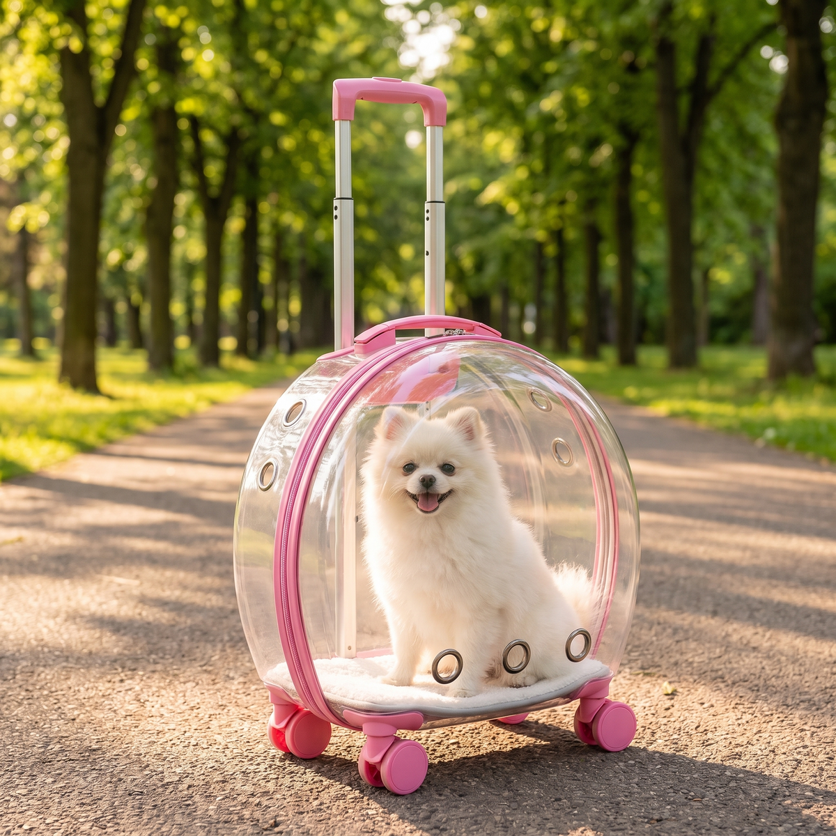 Small dog inside the bubble carrier in the park