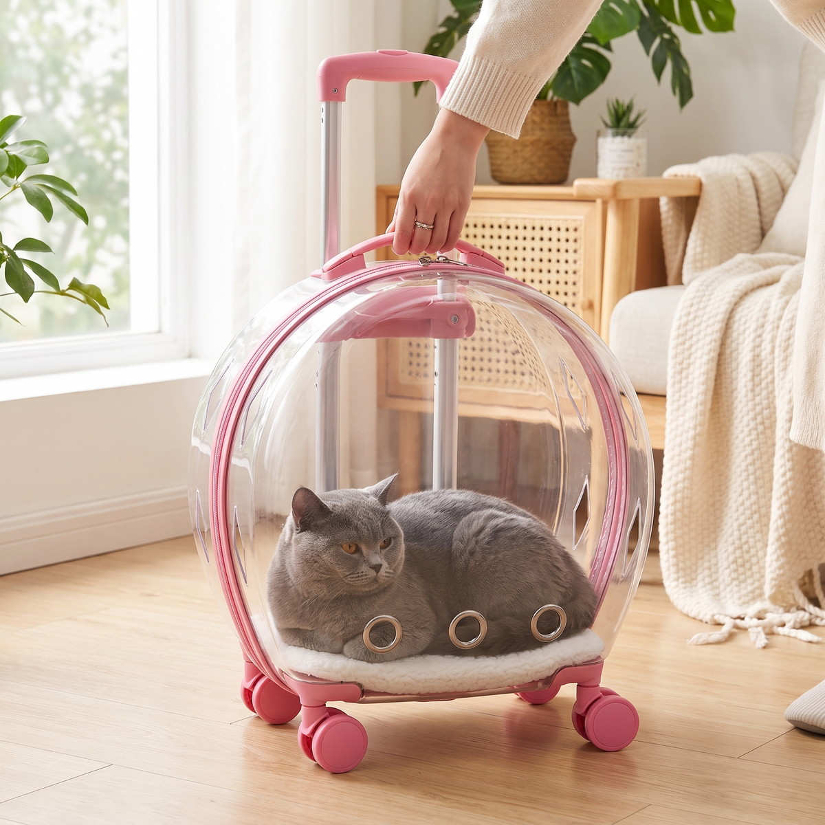 Cat relaxing in the bubble carrier at home